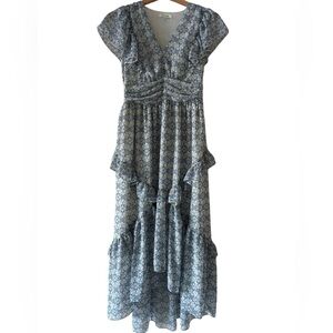 Max Studio Maxi Dress Blue Floral Tiered Ruffles XS Cottagecore Feminine